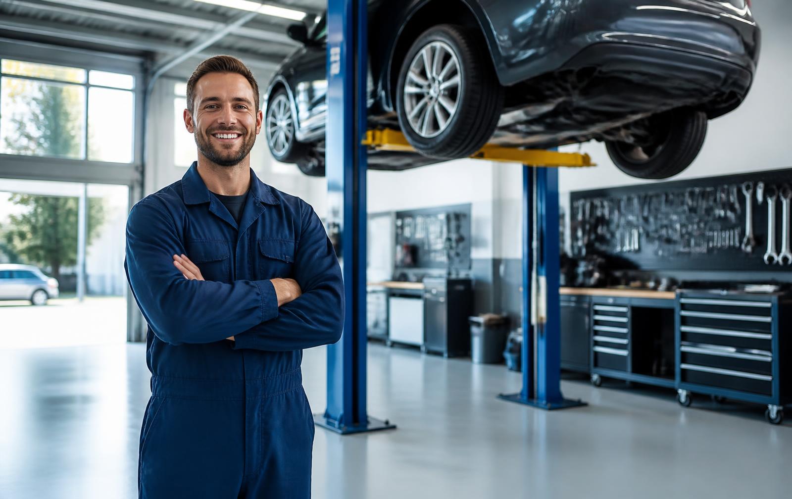 Clean service bay at Nery Auto Repair with a vehicle on the lift